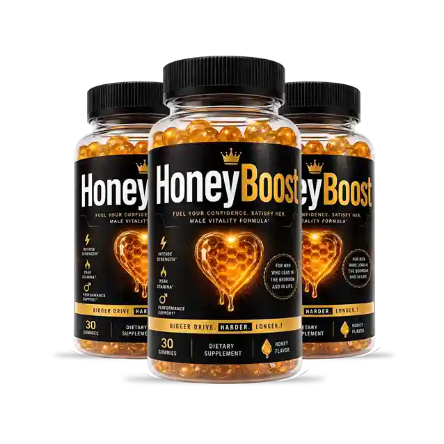 HoneyBoost men's vitality gummy supplement bottle 2026