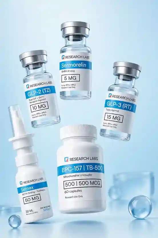 ResearchLabs research peptides facility — GMP-aligned ISO cleanroom synthesis for BPC-157, semaglutide, retatrutide and 60+ compounds